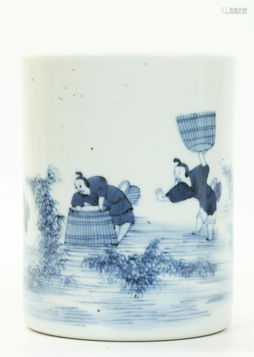 Chinese Blue White Fishermen Porcelain Brush Pot