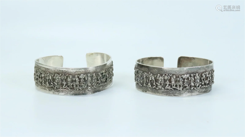 Pair Chinese Qing Silver Bracelets in High Relief