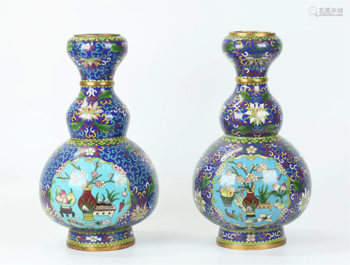 Pr Chinese Cloisonne Bronze Double Gourd Vases