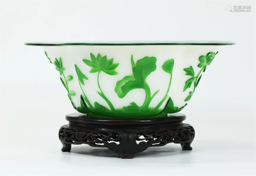 Chinese Quatrefoil Peking Green Glass Overlay Bowl