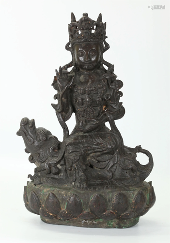 Chinese Ming Bronze Guanyin on Animal & Lotus