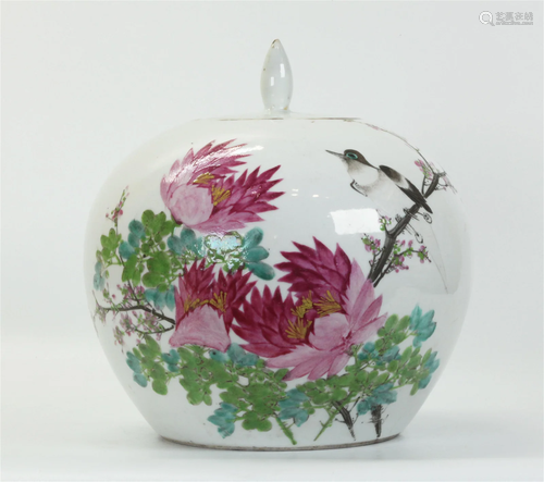 Chinese Artist Painted Bird & Flower Gourd Jar