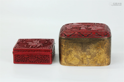 2 Chinese Red Cinnabar Lacquer Hinged Boxes