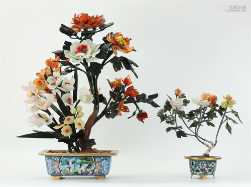 2 Chinese Gemstone "Jade" Trees Cloisonne Planters