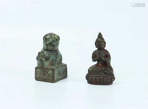 Tibetan Mini Bronze Buddha Chinese Fu Lion & Puppy