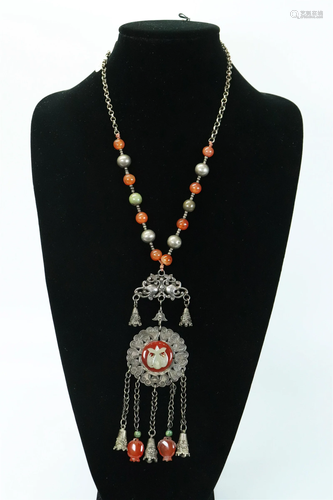 Chinese Silver Carnelian Turquoise Necklace