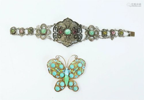 2 Chinese Silver Wire-Works Bracelet Butterfly Pin