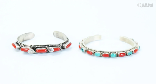 2 Vintage Native American Silver Bangles w Coral