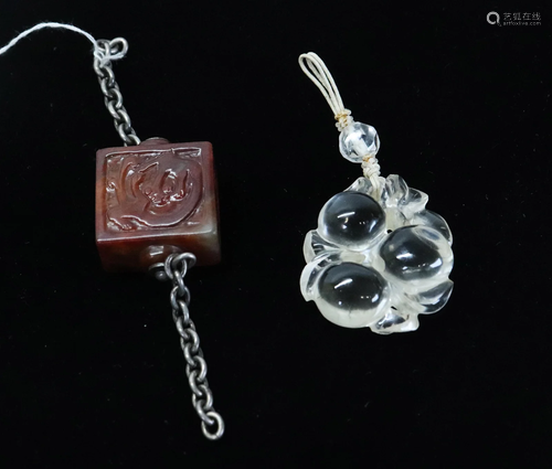 2 Chinese Pendants; Carnelian Agate & Rock Crystal