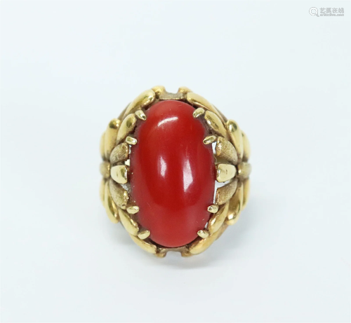 Chinese Dark Coral Cabochon 18K Yellow Gold Ring