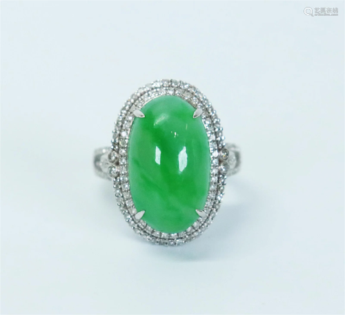 Chinese Green Jadeite & Small Diamond 18K Ring