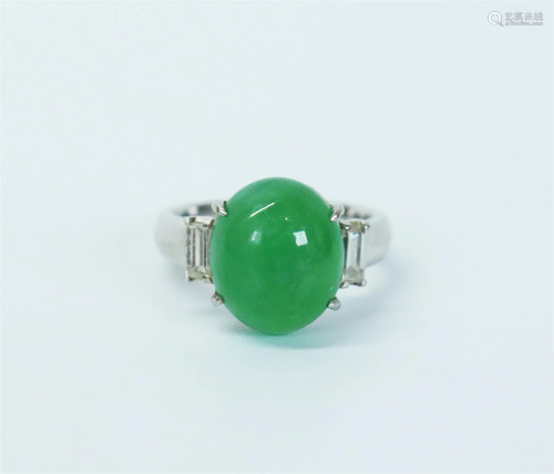 Chinese Green Jadeite Diamond Platinum Ring