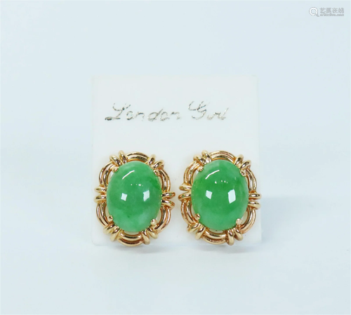 Chinese Green Jadeite Earrings in 14K Yellow Gold