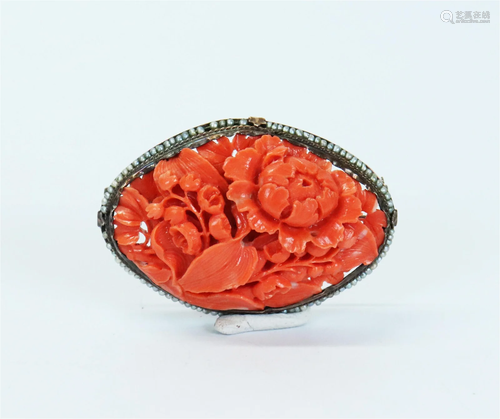 Chinese Carved Coral Oval Plaque14K Pearl Pin