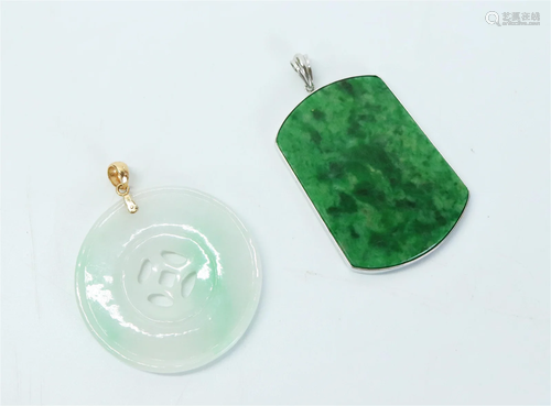 2 Chinese Polished Jadeite Pendants 14K Hangers