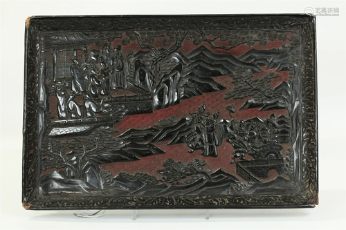 Chinese 19th C Carved Black Lacquer on Red Tray