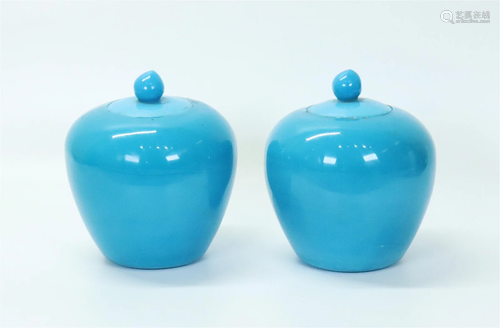 Pair Chinese Turquoise Peking Glass Jars & Covers