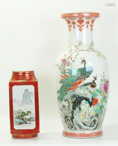 Chinese Lg Peacock Porcelain Vase, Iron Red Cong