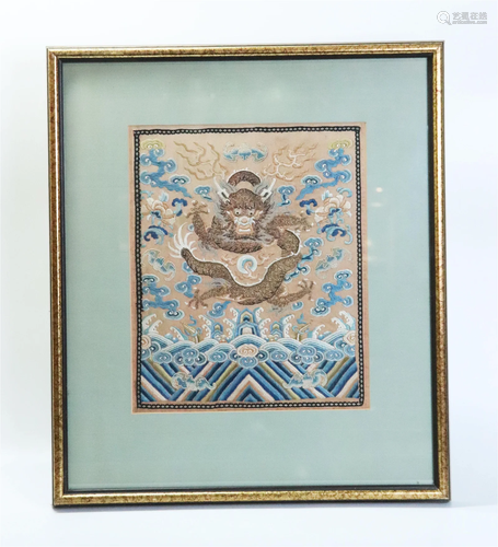 Chinese Qing Silk & Gold Embroidered Dragon Panel