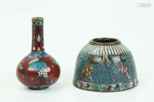 2 Chinese Qing Cloisonne; Miniature Vase Water Pot