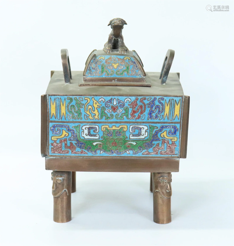 Chinese Bronze 4 Sided Champleve Incense Burner