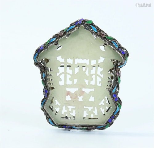 Chinese Qing White Jade Garden Pavilion Silver Pin