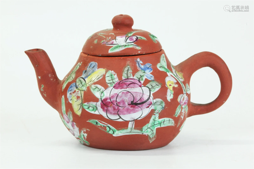 Chinese 19th C Miniature Enameled Yixing Teapot