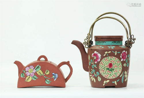 2 Chinese Enameled Yixing Teapots