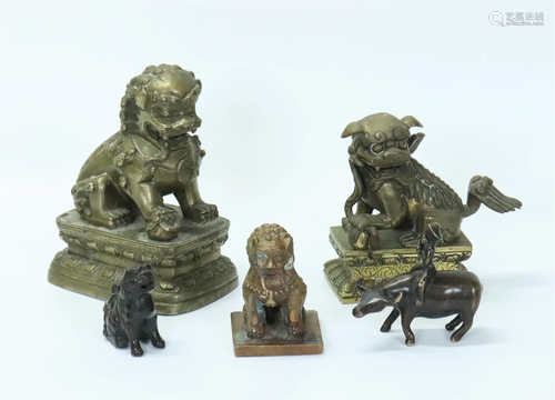 5 Chinese Bronzes; 4 Fu Lions & 1 Water Buffalo