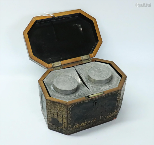 Chinese 19th C Black & Gold Lacquer Tea Caddy