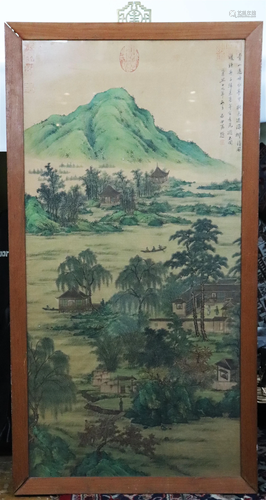 Chinese Color Ink Painting Silk Scholar's Pavilion