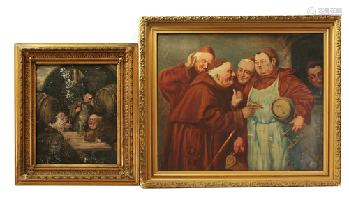 2 Oil Paintings of Brewmaster Monks Making Merry