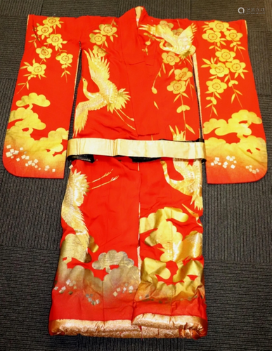 Hand Made Japanese Red & Gold Silk Gown with Belt