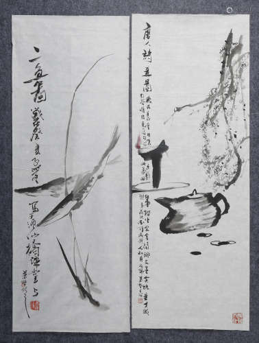 萧墅(b.1935)　1982年作 唐人诗意图·二鱼图 设色纸本　镜心
