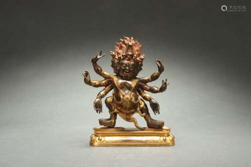 Gilt Bronze Statue of Buddha with Six Arms and Three Heads D...