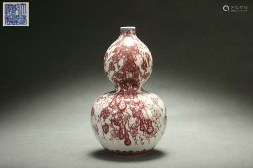 Cowpea Red Glazed Gourd-shaped Vase with FU LU (meaning of g...