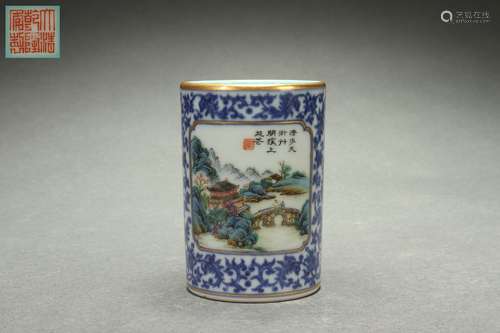 Blue-and-white Brush Holder with Famille Rose Landscape, Poe...