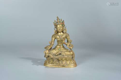 Gilt Bronze Statue of Buddha with Turquoise Inlaid Design