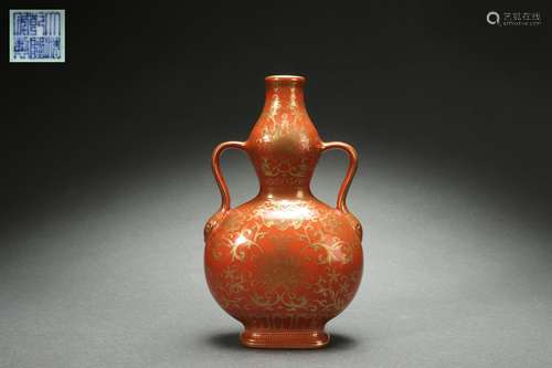 Iron Red Glazed Gourd-shaped Vase with Interlaced Lotus Patt...