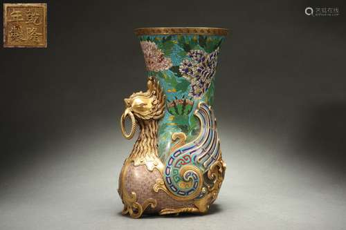 Chinese Cylinder-shaped Vase with Phoenix-shaped Handles, Qi...