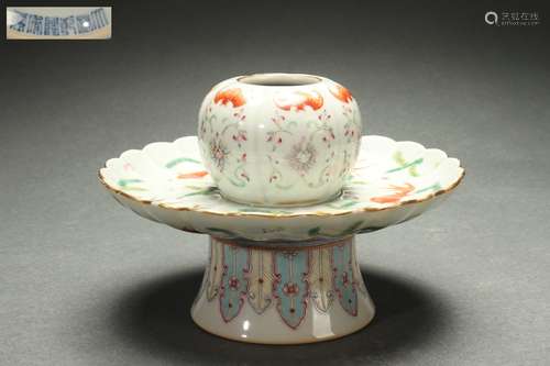 Famille Rose ZHAN Saucer with Gold Outlining, Fish and Algae...