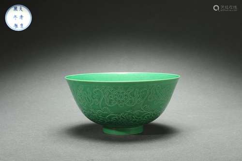 Green Glazed Bowl with Carved Antique Patterns Design, Kangx...