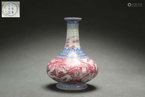 Blue-and-white Vase with Iron Red Glazed Landscape Design, Y...