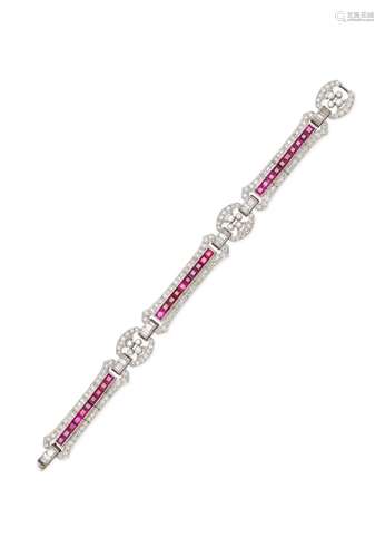 PLATINUM, RUBY AND DIAMOND BRACELET, Retailed by Hardy Bros,