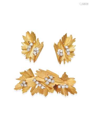 GOLD AND DIAMOND BROOCH AND EARRING SUITE