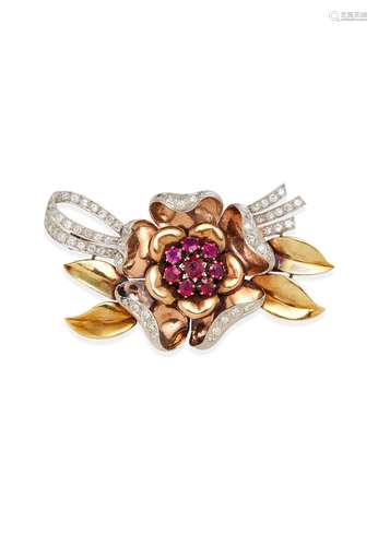 A TRI-COLOURED RUBY AND DIAMOND FLORAL BROOCH