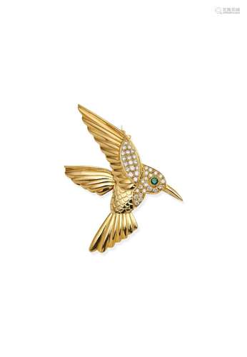 EMERALD AND DIAMOND BIRD BROOCH