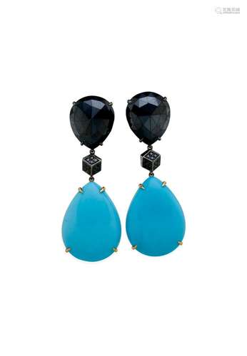 PAOLO COSTAGLI  PAIR OF TURQUOISE AND COLOURED DIAMOND PENDA...