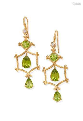 PAIR PERIDOT AND DIAMOND PENDENT EARRINGS