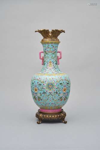 A turquoise-ground famille rose 'lotus' vase  Iron-red seal ...